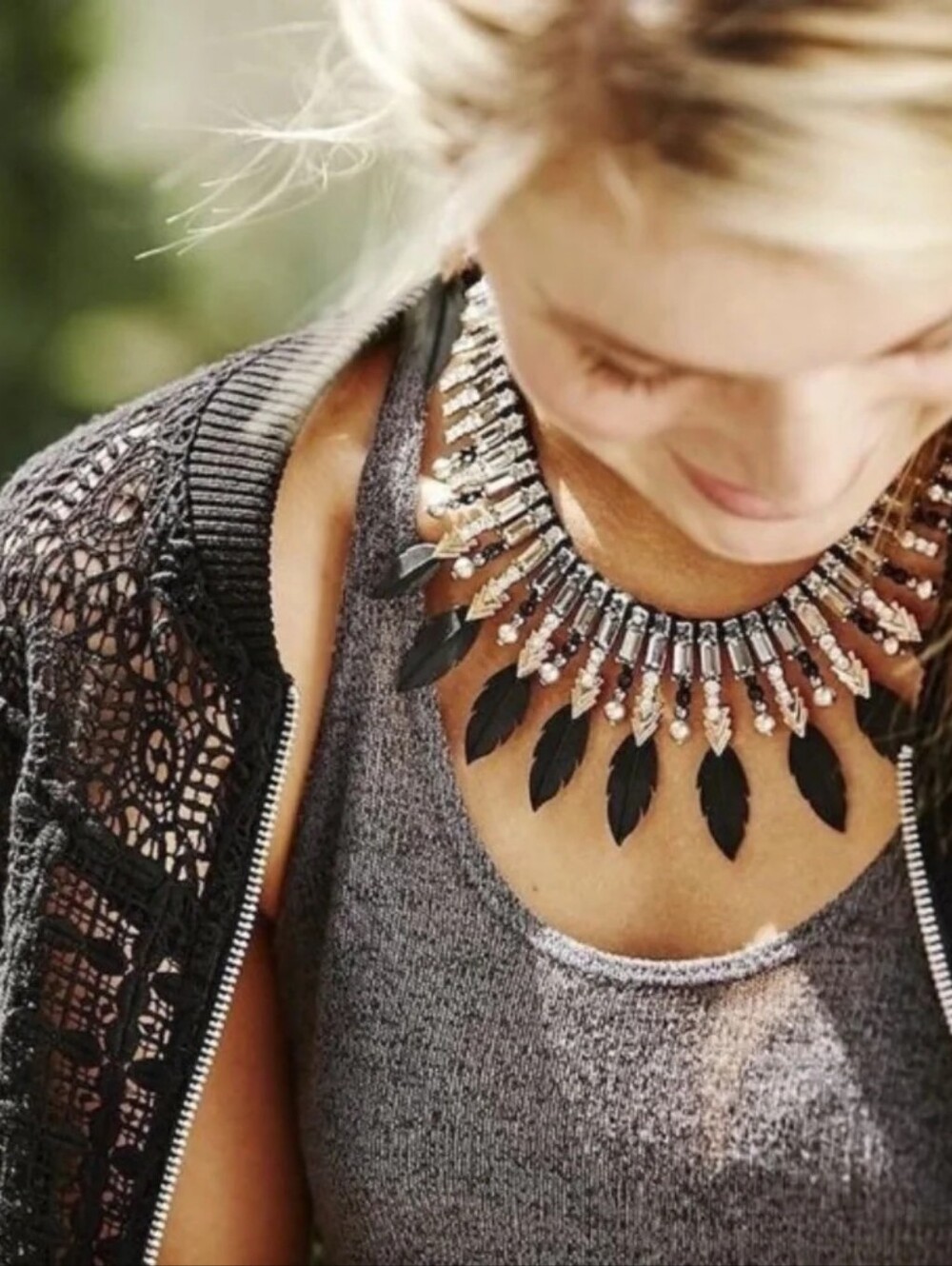 Stella & Dot Raven Black and Silver Feather Necklace